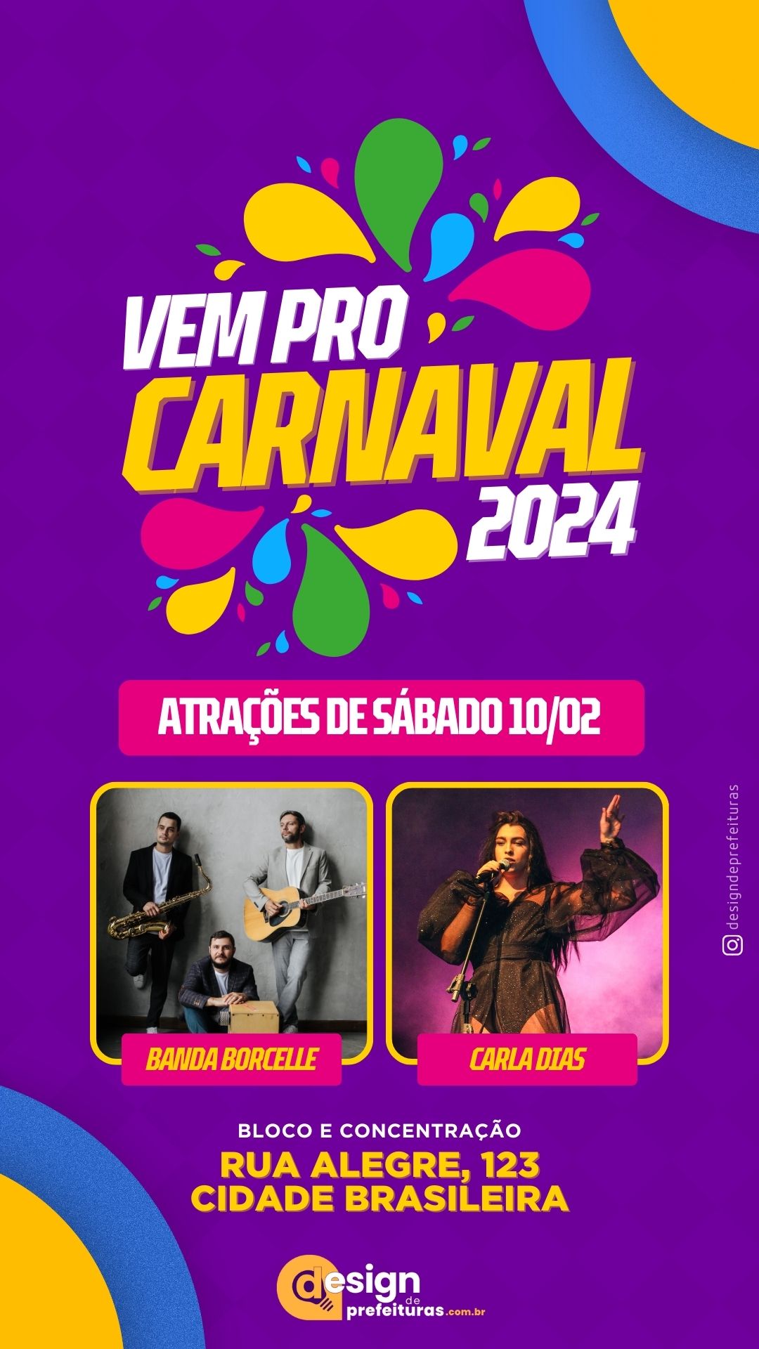 Story para bloco de carnaval com atrações roxo